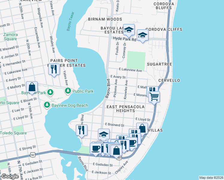 map of restaurants, bars, coffee shops, grocery stores, and more near 1200 Bayou Boulevard in Pensacola