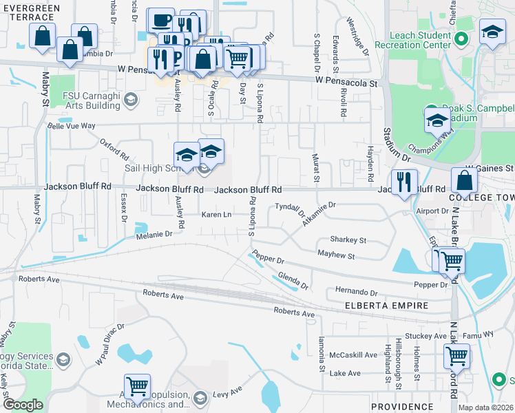 map of restaurants, bars, coffee shops, grocery stores, and more near 810 South Lipona Road in Tallahassee