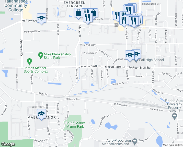 map of restaurants, bars, coffee shops, grocery stores, and more near 38 Vrogy Court in Tallahassee