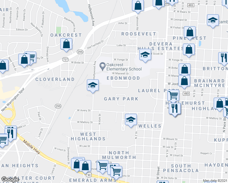map of restaurants, bars, coffee shops, grocery stores, and more near 1950 Gary Circle in Pensacola