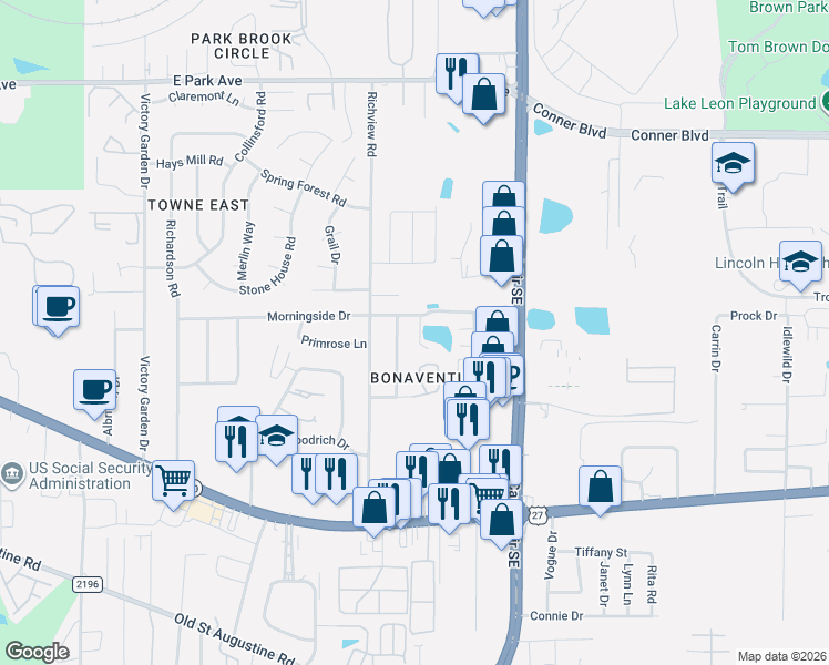 map of restaurants, bars, coffee shops, grocery stores, and more near 1103 Pinecrest Drive in Tallahassee