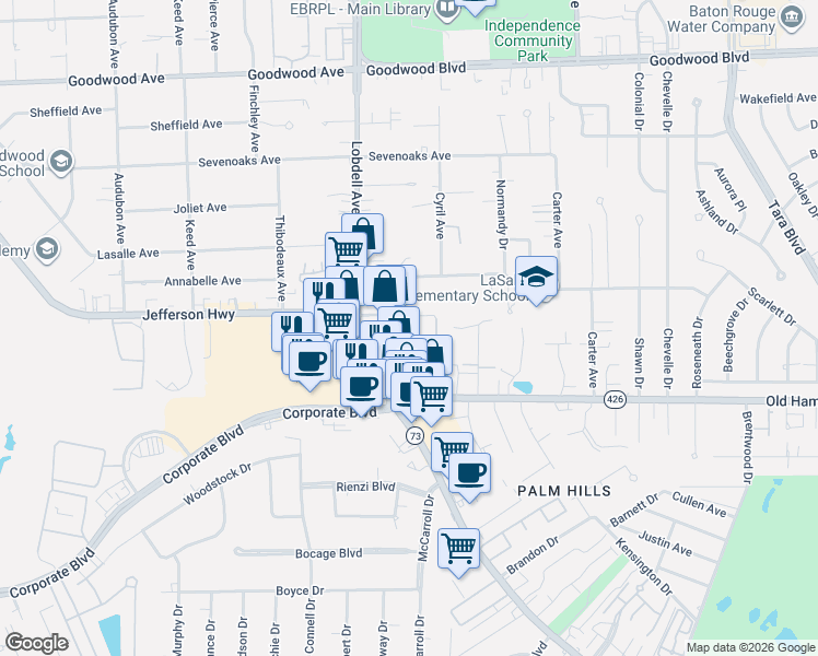 map of restaurants, bars, coffee shops, grocery stores, and more near 1701 Lobdell Avenue in Baton Rouge