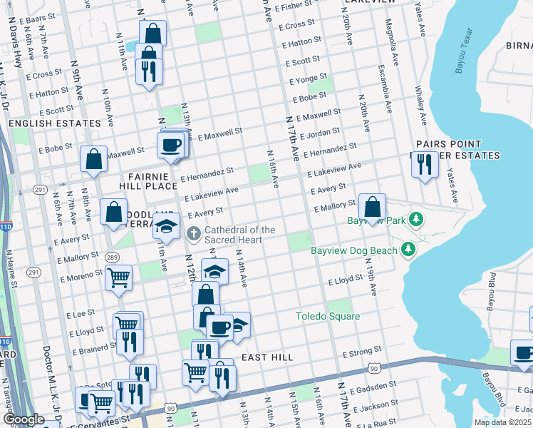 map of restaurants, bars, coffee shops, grocery stores, and more near 1508 East Mallory Street in Pensacola