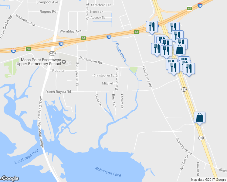 map of restaurants, bars, coffee shops, grocery stores, and more near 4601 Dutch Bayou Road in Moss Point