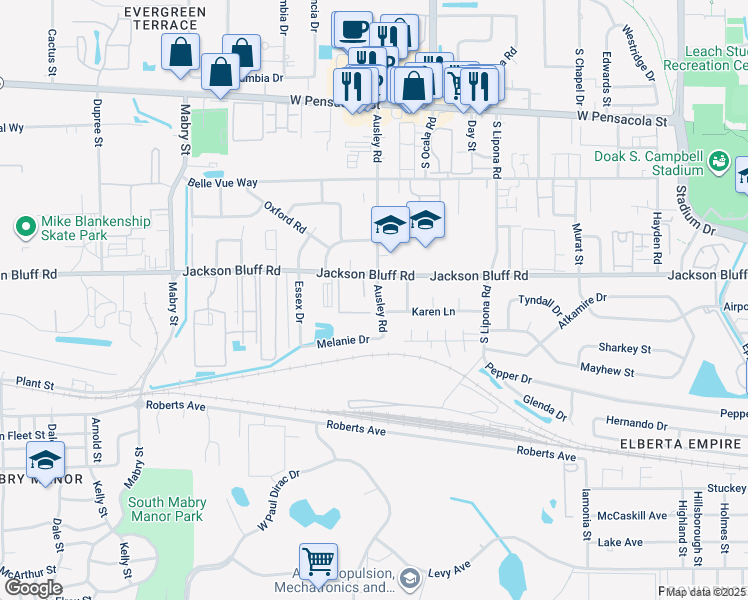 map of restaurants, bars, coffee shops, grocery stores, and more near 510 Ausley Road in Tallahassee