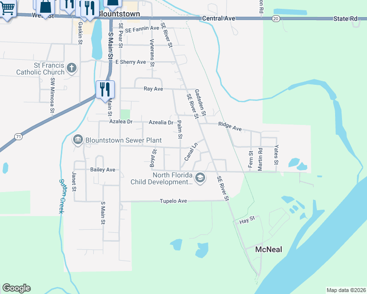map of restaurants, bars, coffee shops, grocery stores, and more near 921 Palm Street in Blountstown