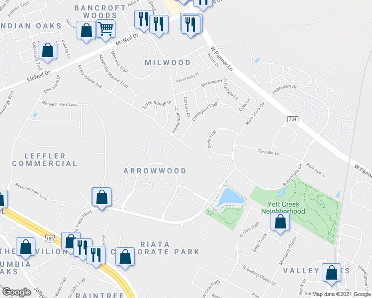 map of restaurants, bars, coffee shops, grocery stores, and more near 5807 Avery Island Avenue in Austin