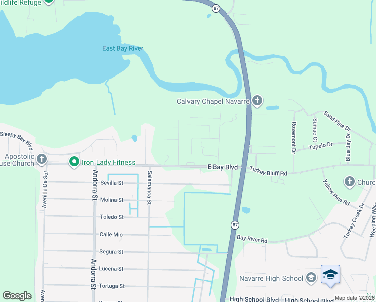 map of restaurants, bars, coffee shops, grocery stores, and more near 8327 New Orleans Court in Navarre