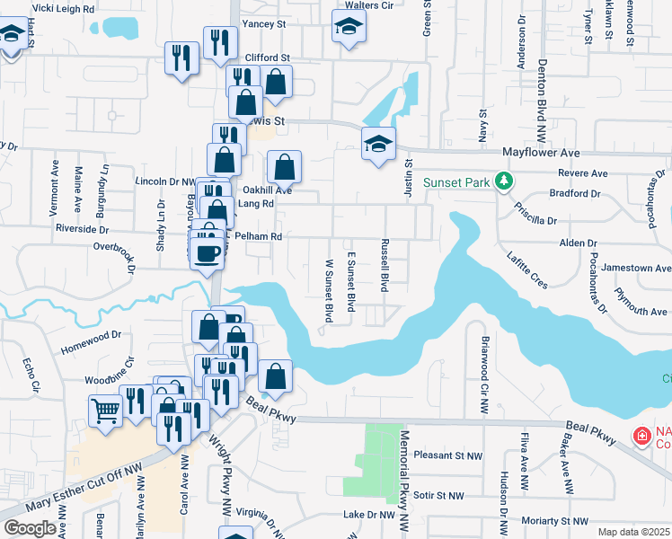 map of restaurants, bars, coffee shops, grocery stores, and more near 611 West Sunset Boulevard in Fort Walton Beach