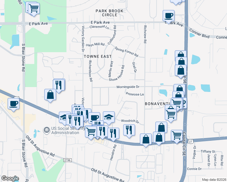 map of restaurants, bars, coffee shops, grocery stores, and more near 2819 Morningside Drive in Tallahassee