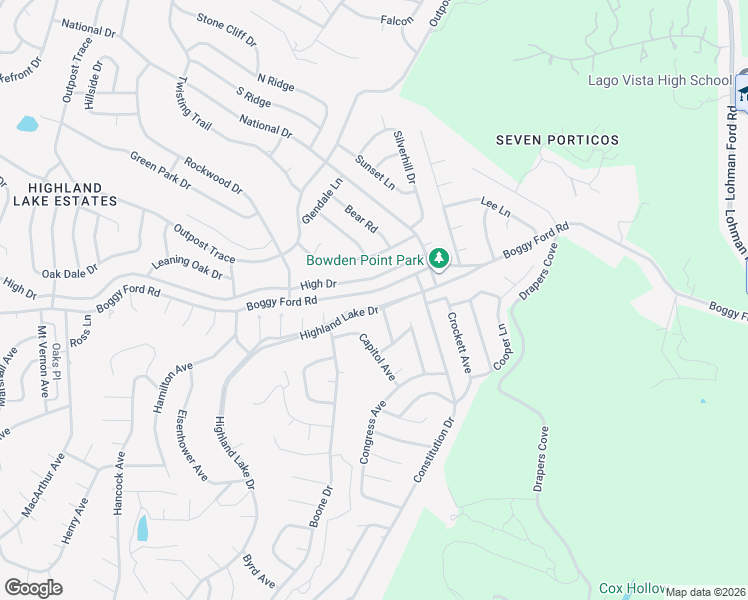 map of restaurants, bars, coffee shops, grocery stores, and more near 20210 Highland Lake Drive in Lago Vista