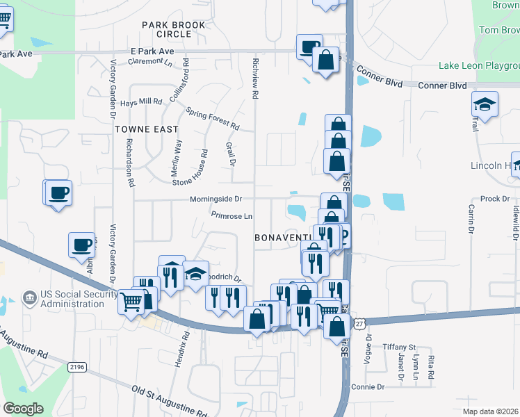 map of restaurants, bars, coffee shops, grocery stores, and more near 1104 Richview Road in Tallahassee