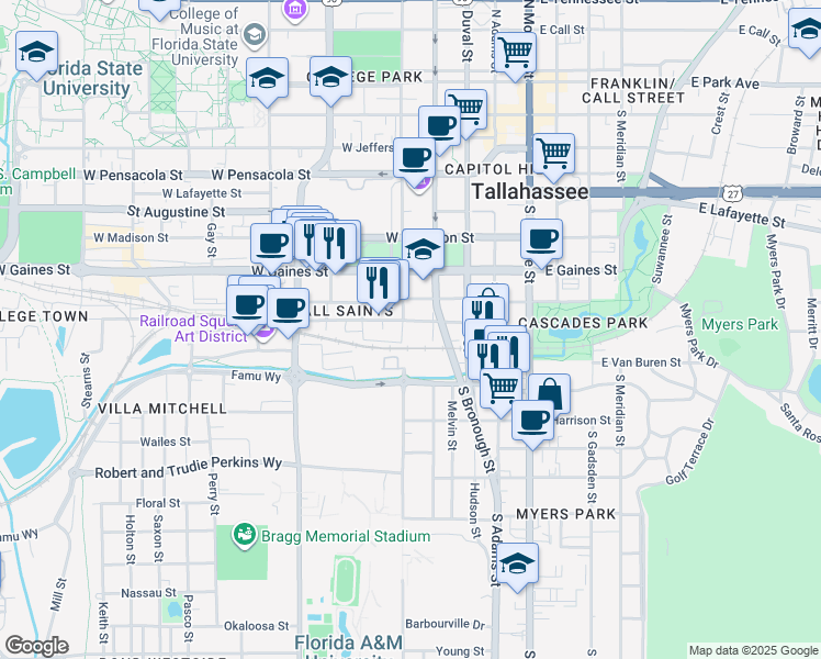 map of restaurants, bars, coffee shops, grocery stores, and more near 1005 South Martin Luther King Junior Boulevard in Tallahassee