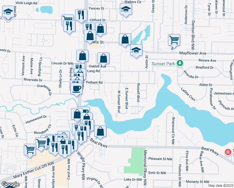 map of restaurants, bars, coffee shops, grocery stores, and more near 611 West Sunset Boulevard in Fort Walton Beach