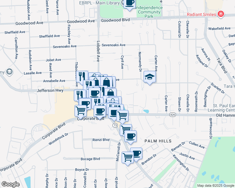 map of restaurants, bars, coffee shops, grocery stores, and more near 1701 Lobdell Avenue in Baton Rouge