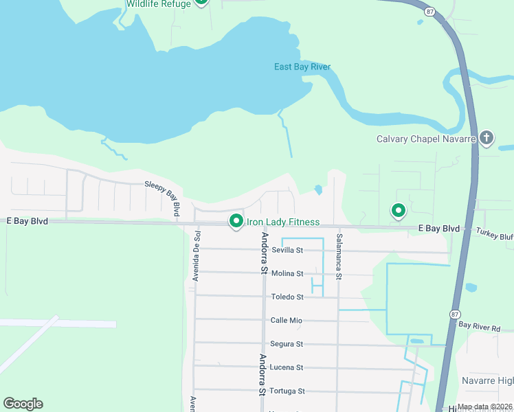 map of restaurants, bars, coffee shops, grocery stores, and more near 2745 Blue Bay Court in Navarre