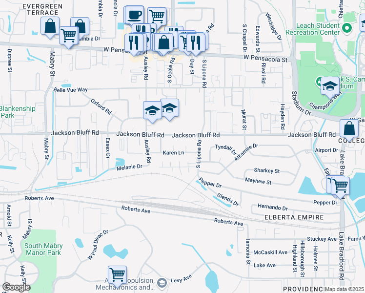 map of restaurants, bars, coffee shops, grocery stores, and more near 808 Evelyn Court in Tallahassee