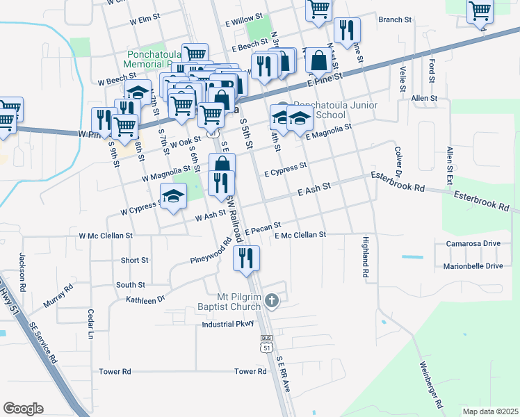 map of restaurants, bars, coffee shops, grocery stores, and more near 505 South 5th Street in Ponchatoula