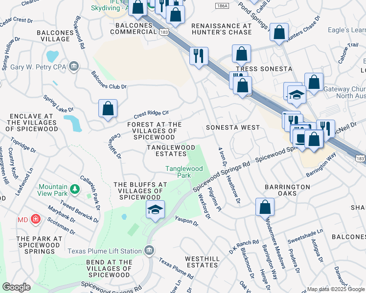 map of restaurants, bars, coffee shops, grocery stores, and more near 11529 Rustic Rock Drive in Austin
