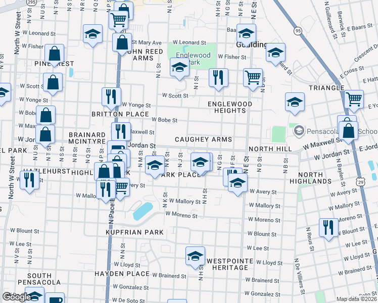 map of restaurants, bars, coffee shops, grocery stores, and more near 1301 West Jordan Street in Pensacola