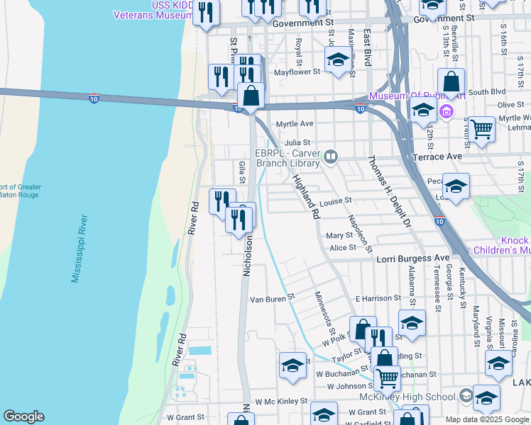 map of restaurants, bars, coffee shops, grocery stores, and more near 1592 Chatsworth Street in Baton Rouge
