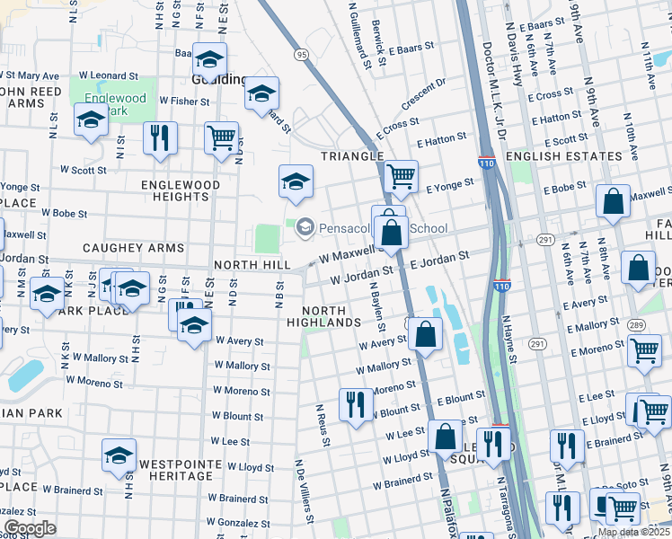 map of restaurants, bars, coffee shops, grocery stores, and more near 2103 N Spring St in Pensacola