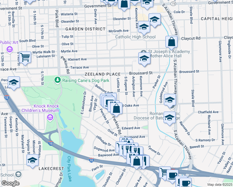 map of restaurants, bars, coffee shops, grocery stores, and more near 1604 Letitia Street in Baton Rouge