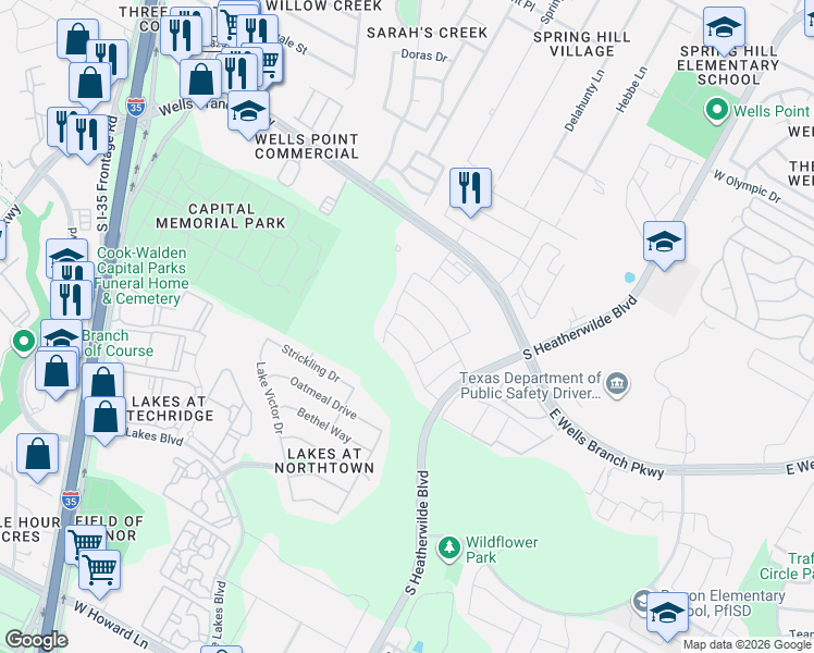 map of restaurants, bars, coffee shops, grocery stores, and more near 905 Sawbuck Drive in Pflugerville