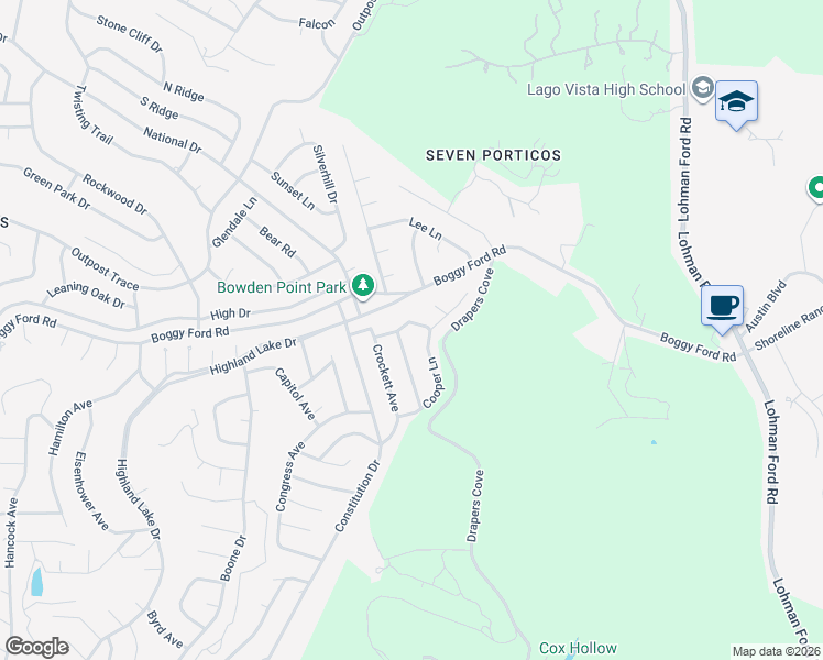 map of restaurants, bars, coffee shops, grocery stores, and more near 20003 Coolidge Lane in Lago Vista