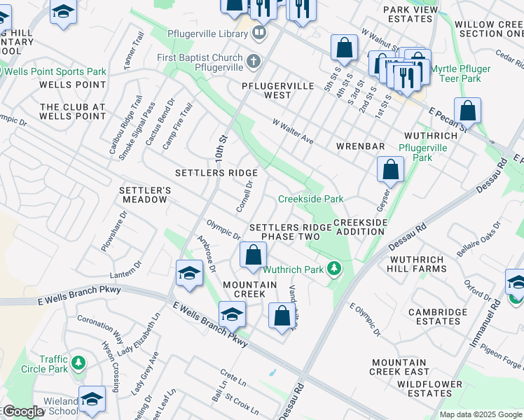 map of restaurants, bars, coffee shops, grocery stores, and more near 706 Brown Drive in Pflugerville