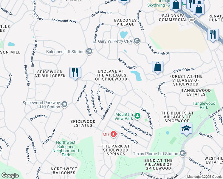 map of restaurants, bars, coffee shops, grocery stores, and more near 9304 Topridge Drive in Austin
