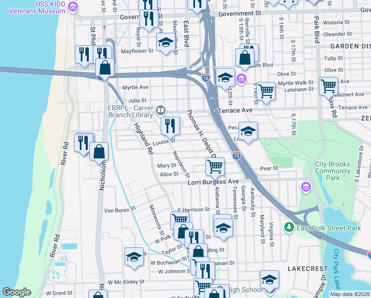 map of restaurants, bars, coffee shops, grocery stores, and more near 519 Howard Street in Baton Rouge