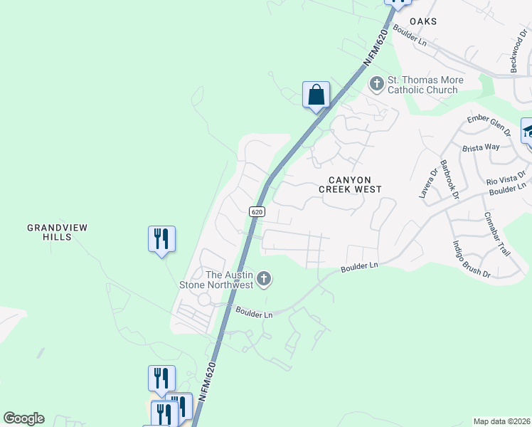 map of restaurants, bars, coffee shops, grocery stores, and more near 9311 North FM 620 in Austin