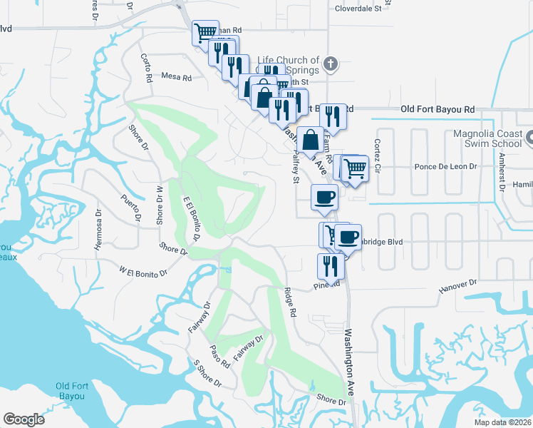 map of restaurants, bars, coffee shops, grocery stores, and more near 6313 Poco Road in Ocean Springs
