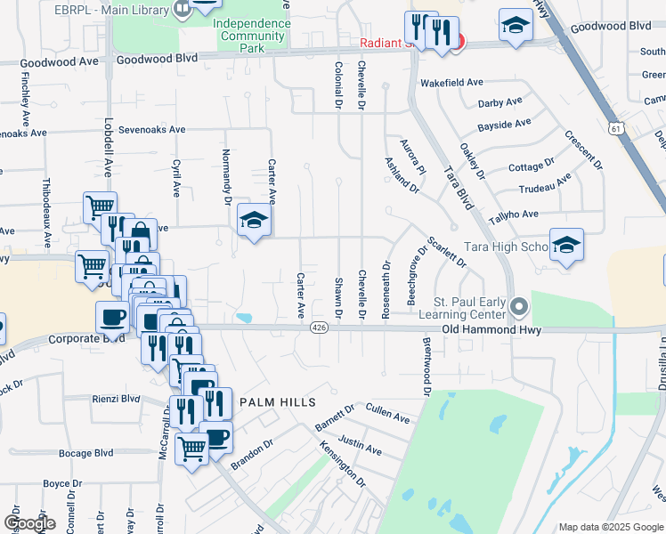 map of restaurants, bars, coffee shops, grocery stores, and more near 1858 Shawn Drive in Baton Rouge