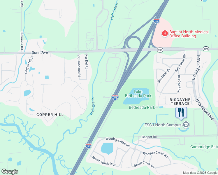 map of restaurants, bars, coffee shops, grocery stores, and more near 10872 Creative Drive South in Jacksonville