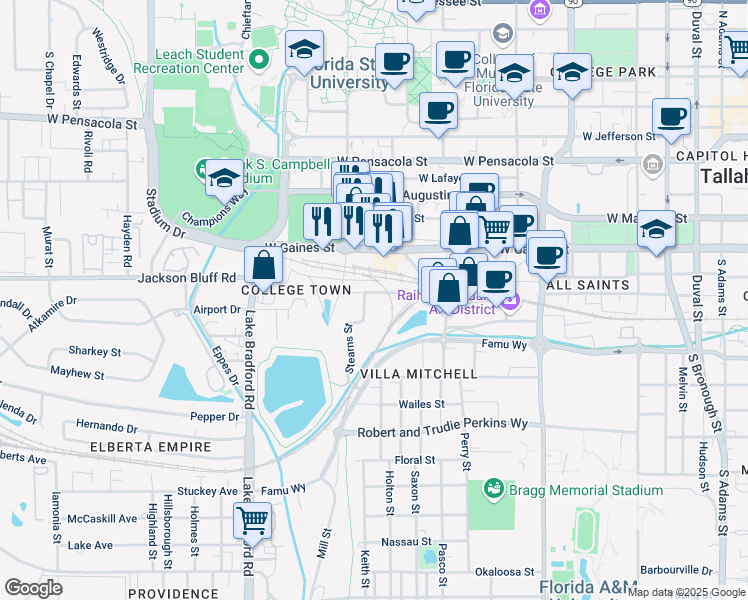 map of restaurants, bars, coffee shops, grocery stores, and more near 825 Mosley Street in Tallahassee