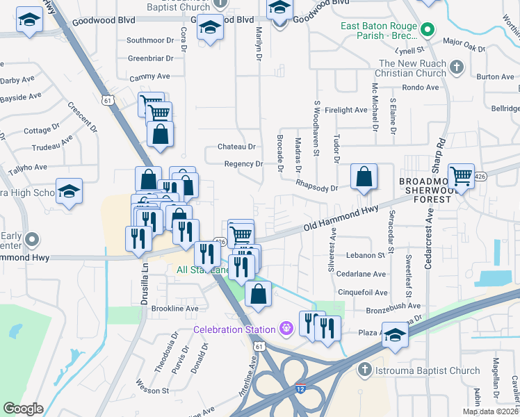 map of restaurants, bars, coffee shops, grocery stores, and more near 1935 Marilyn Drive in Baton Rouge