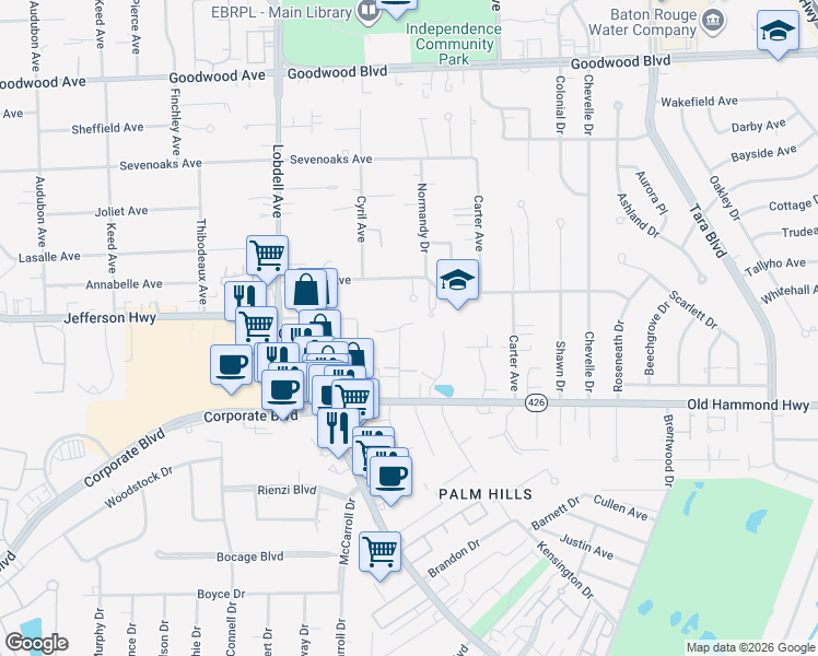 map of restaurants, bars, coffee shops, grocery stores, and more near 7930 Wayside Dr in Baton Rouge