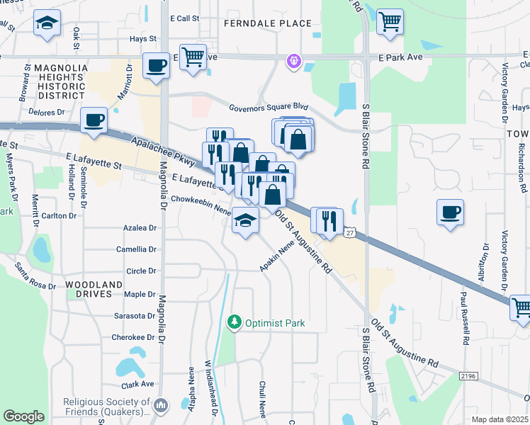 map of restaurants, bars, coffee shops, grocery stores, and more near 1457 Old Saint Augustine Road in Tallahassee