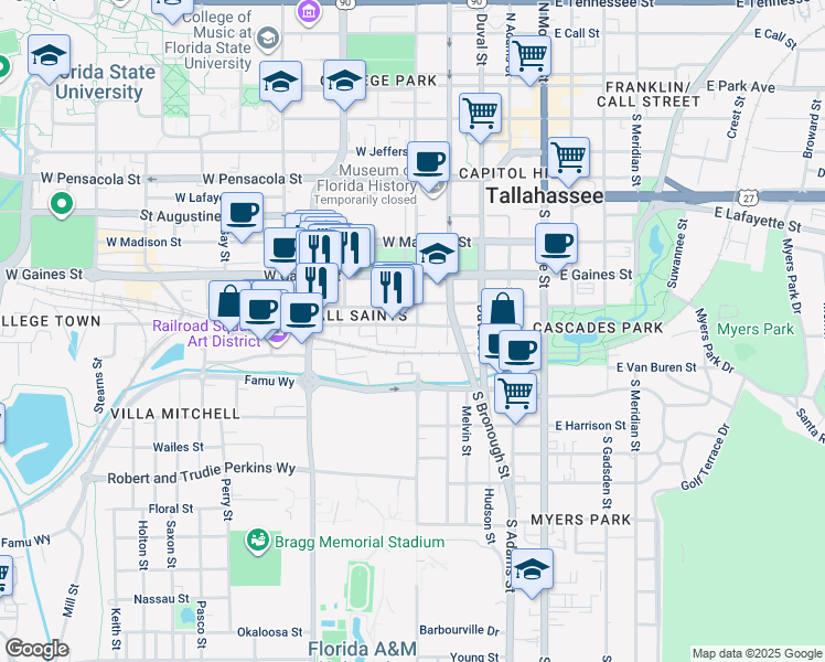 map of restaurants, bars, coffee shops, grocery stores, and more near 423 All Saints Street in Tallahassee