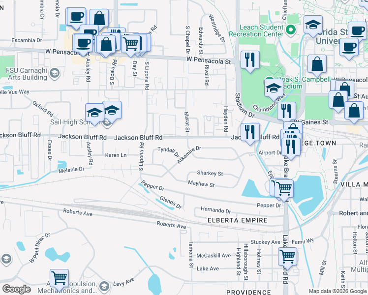 map of restaurants, bars, coffee shops, grocery stores, and more near 1663 Atkamire Drive in Tallahassee