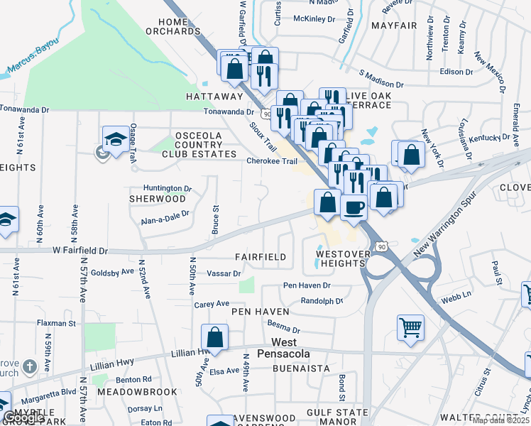 map of restaurants, bars, coffee shops, grocery stores, and more near 4700 West Fairfield Drive in Pensacola