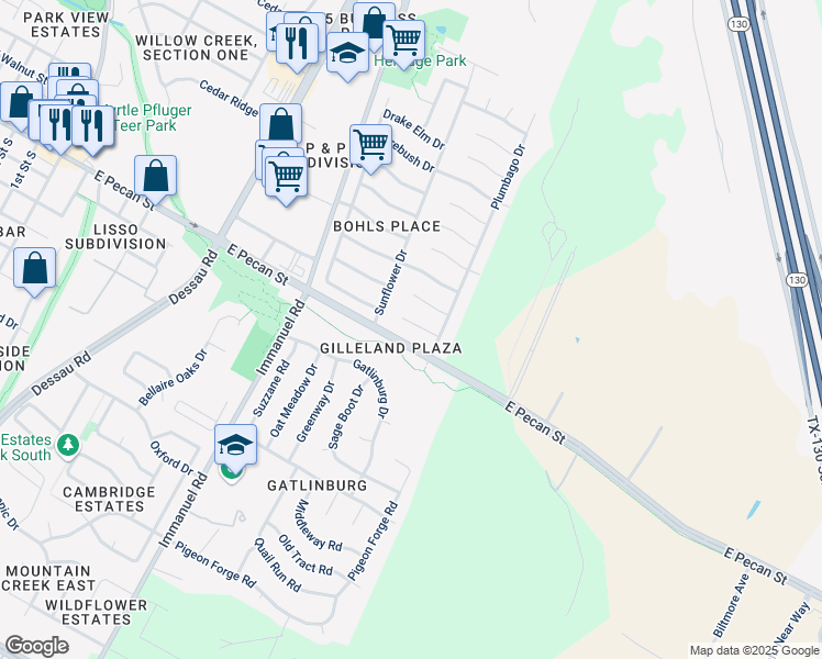 map of restaurants, bars, coffee shops, grocery stores, and more near 1507 Mexican Heather Court in Pflugerville