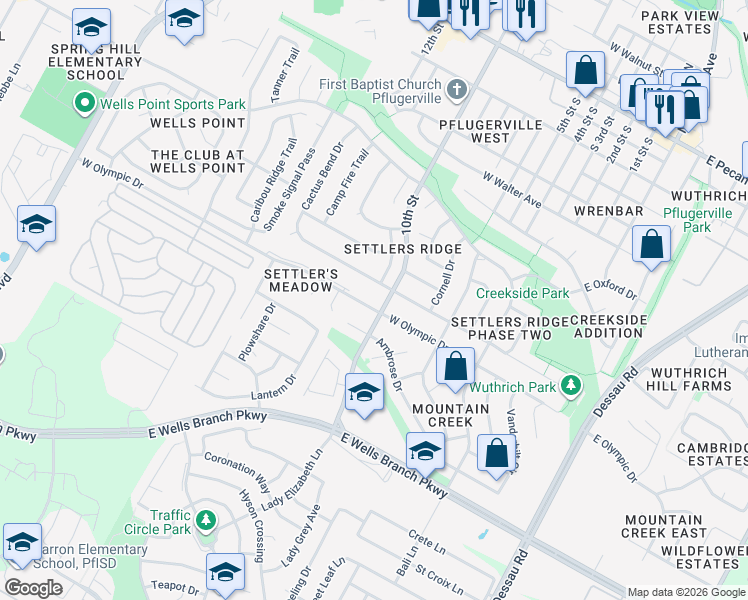 map of restaurants, bars, coffee shops, grocery stores, and more near 1005 Olympic Drive in Pflugerville