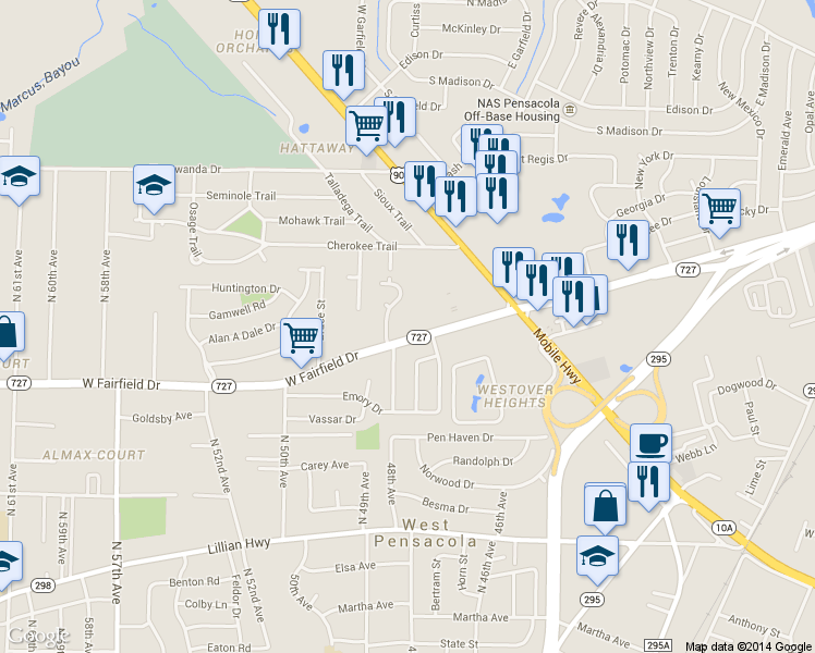 map of restaurants, bars, coffee shops, grocery stores, and more near 4700 West Fairfield Drive in Pensacola