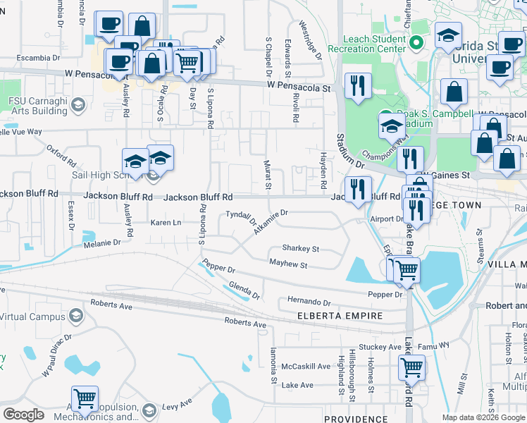 map of restaurants, bars, coffee shops, grocery stores, and more near 1663 Atkamire Drive in Tallahassee