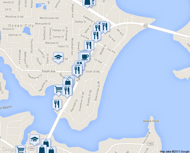 map of restaurants, bars, coffee shops, grocery stores, and more near 117 Patton Drive Northeast in Fort Walton Beach