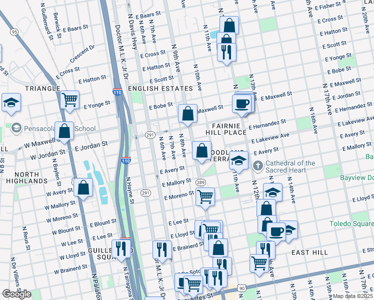 map of restaurants, bars, coffee shops, grocery stores, and more near 1900 North 8th Avenue in Pensacola