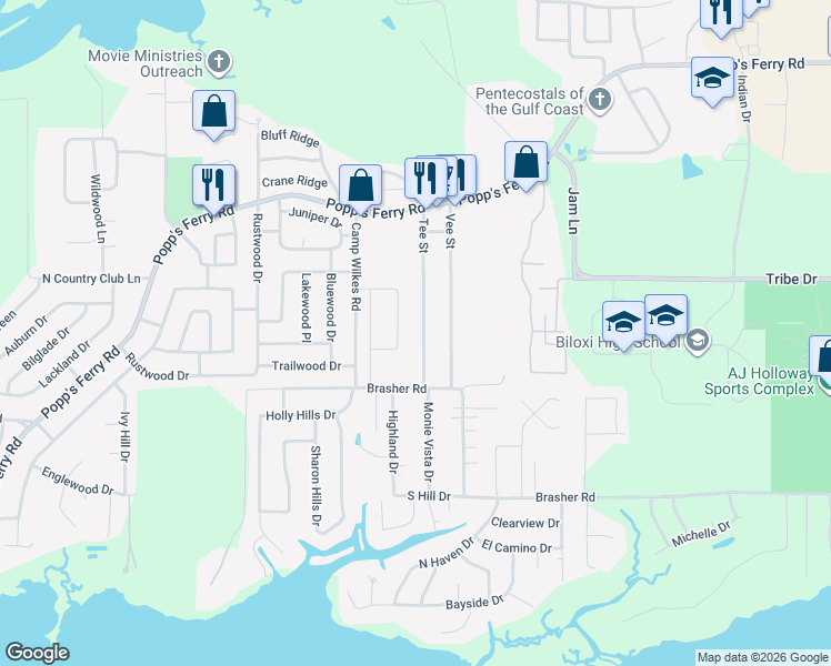 map of restaurants, bars, coffee shops, grocery stores, and more near 831 Tee Street in Biloxi